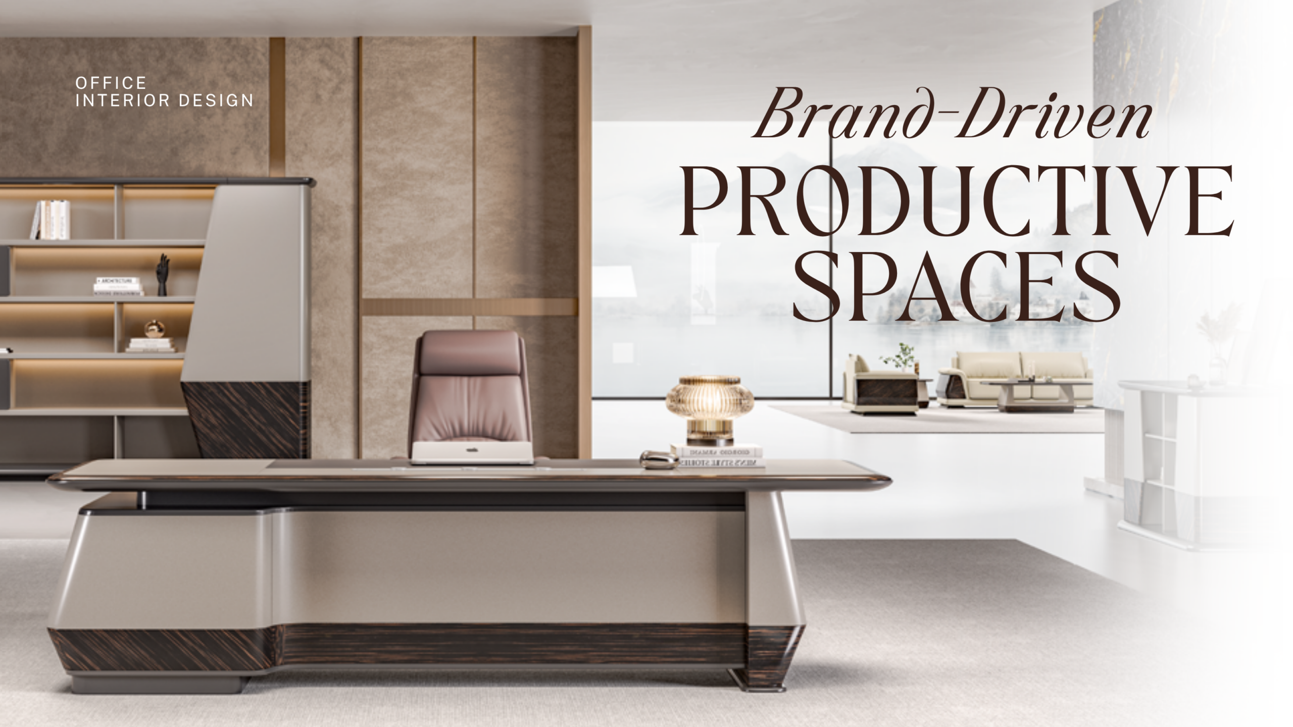 Executive office interior design setup featuring a modern desk, sleek ergonomics chair, built-in display shelves, and warm ambient lighting for brand-driven productive spaces.