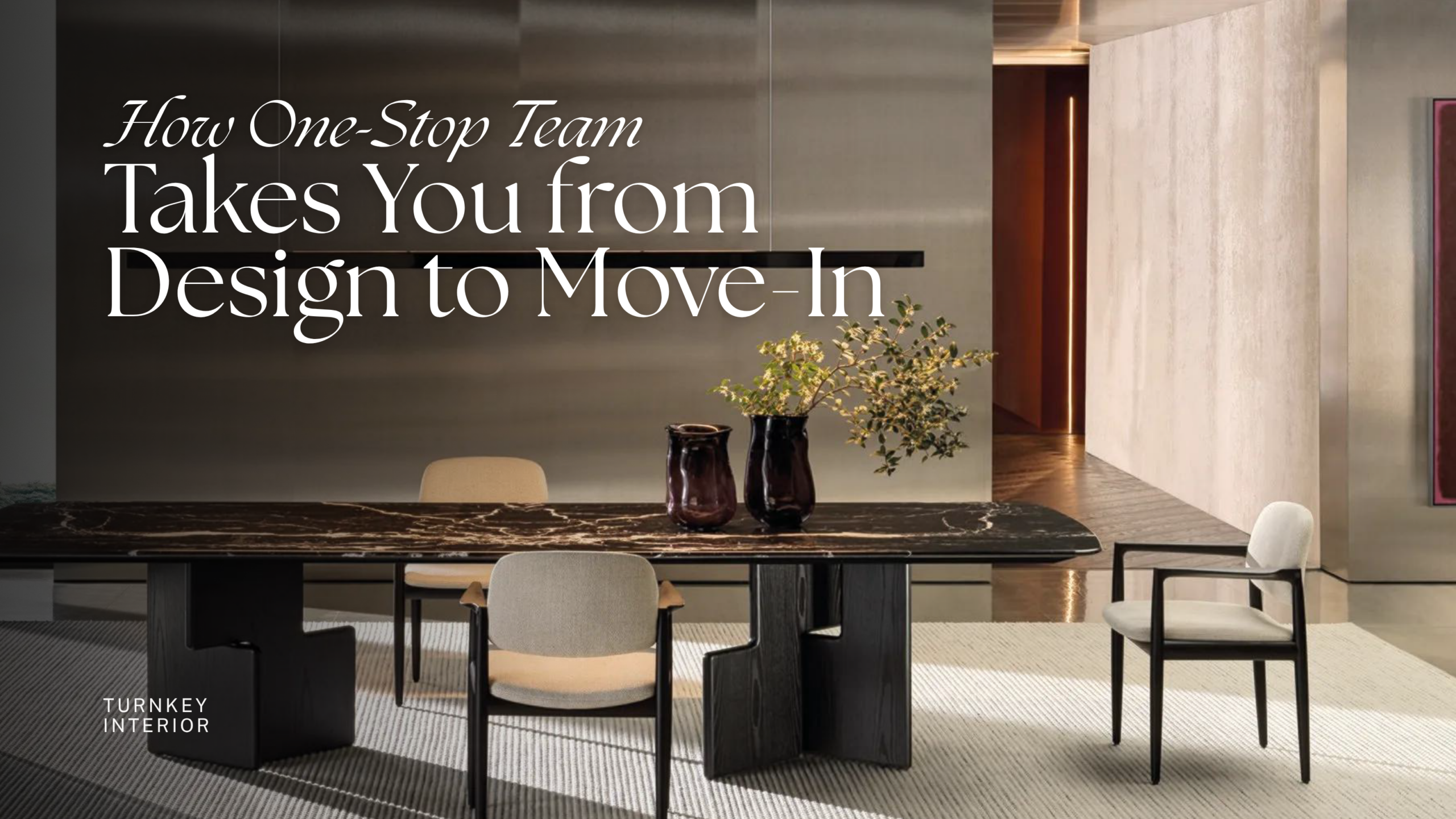 Turnkey interior design dining space featuring a luxury black marble dining table, modern chairs, metallic wall panels, and elegant home decor.