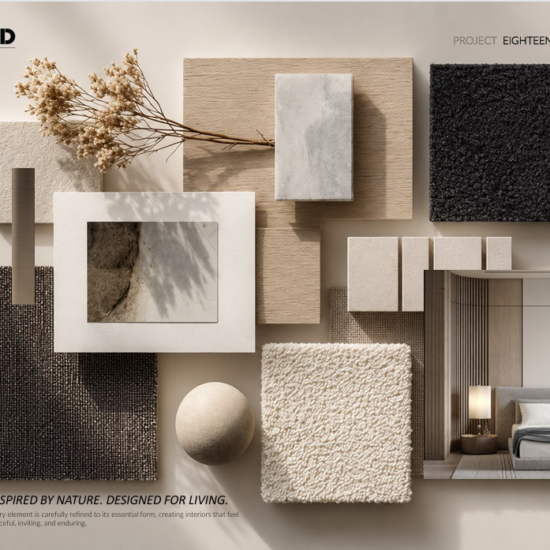 Interior design material mood board for Beyond Decor's Eighteen Seven project, featuring natural stone, wood veneer, boucle fabric and textured carpet samples