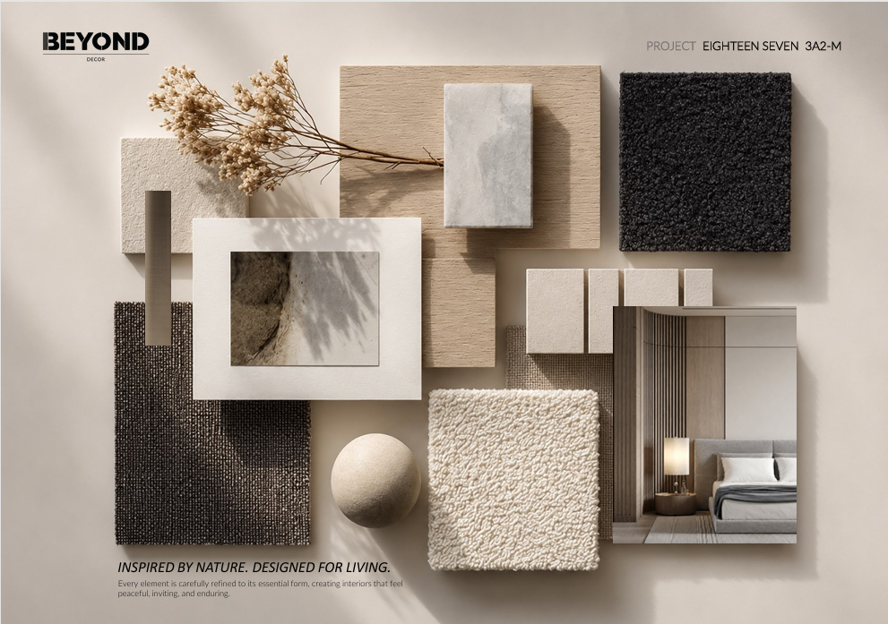 Interior design material mood board for Beyond Decor's Eighteen Seven project, featuring natural stone, wood veneer, boucle fabric and textured carpet samples