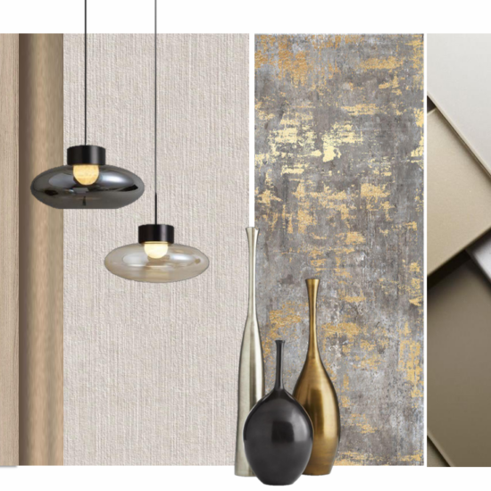 Interior design material palette for a Beyond Decor Bangkok project, featuring wood veneer, smoked glass pendant lights, metallic vases and a gold-and-grey textured wall panel