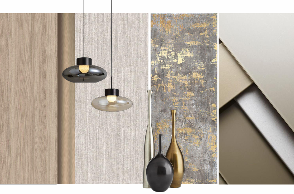Interior design material palette for a Beyond Decor Bangkok project, featuring wood veneer, smoked glass pendant lights, metallic vases and a gold-and-grey textured wall panel